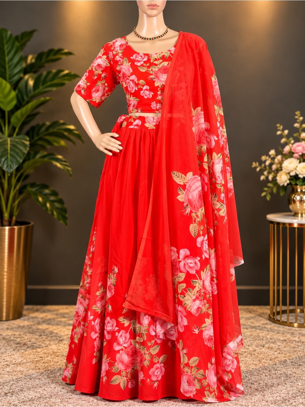 Floral Red Women’s Lehenga Dress with Dupatta,size - XL